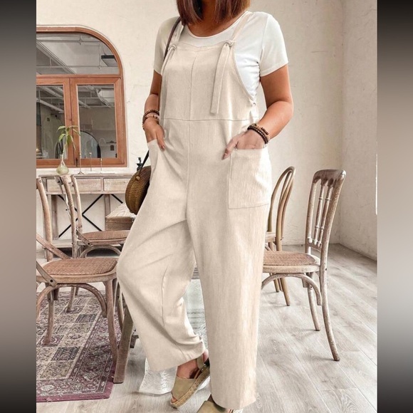 Boho Plus Size Pockets Straps Knot Wide Leg Jumpsuit - Picture 10 of 14